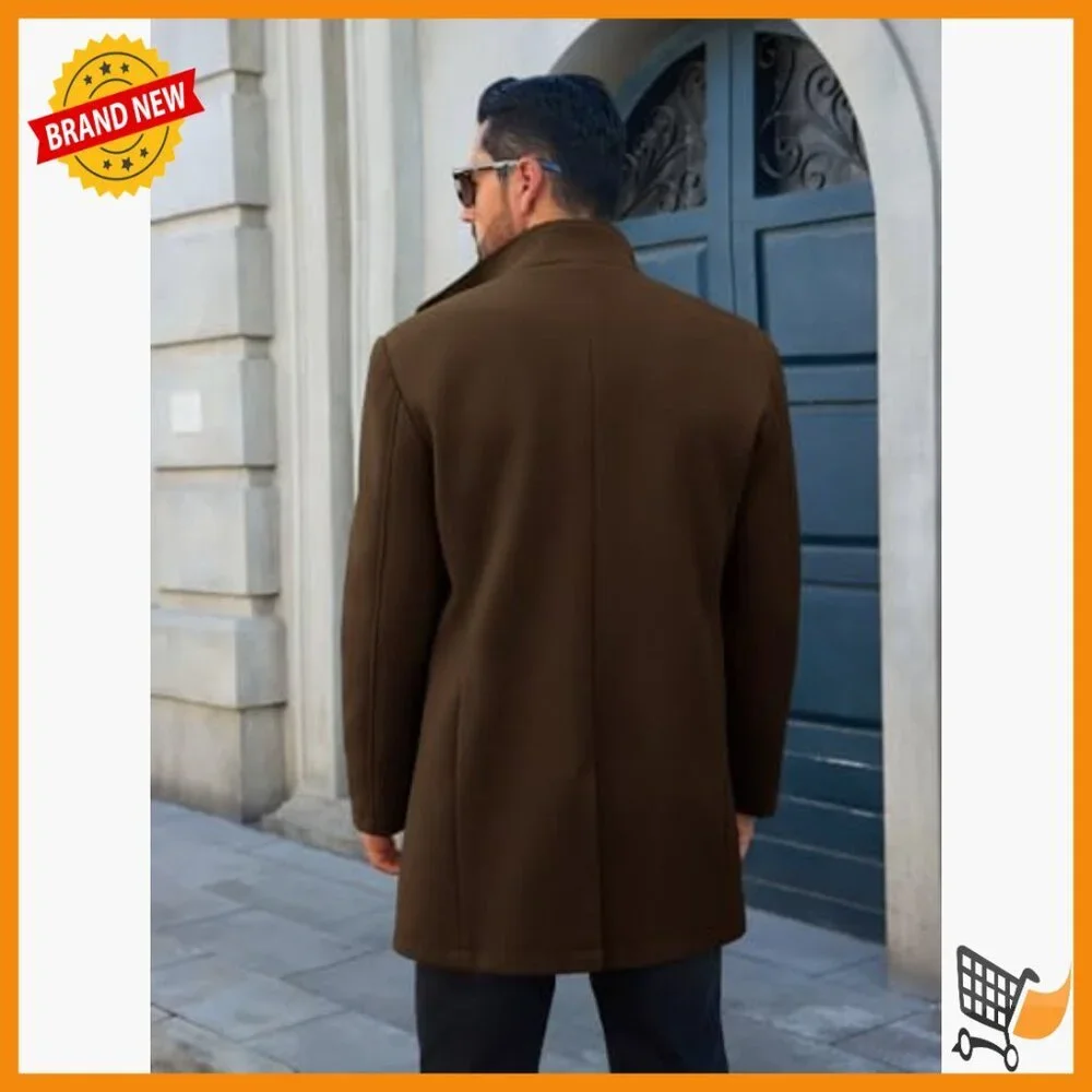 Men's Slim Fit Pea Coat Winter Overcoat with Pockets Stand Collar